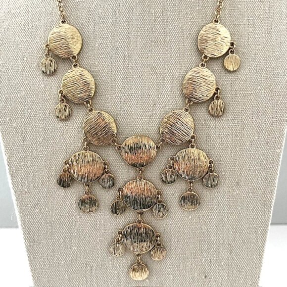 Jewelry - Brushed Gold Medallion Bib Fringe Statement Necklace